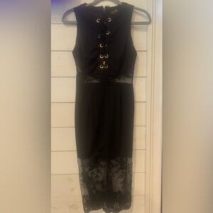 Valiant Paris Black Sheath Cocktail Dress Sleeveless with lace and gold details.